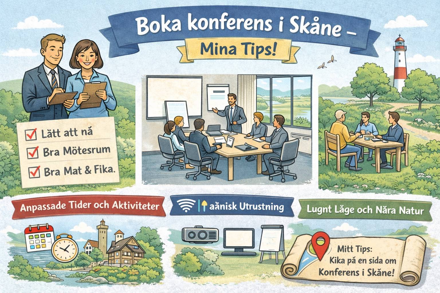 konferens i Skåne med mötesrum, deltagare runt bord, utsikt över natur och checklista för bra mötesrum, mat och tillgänglighet.